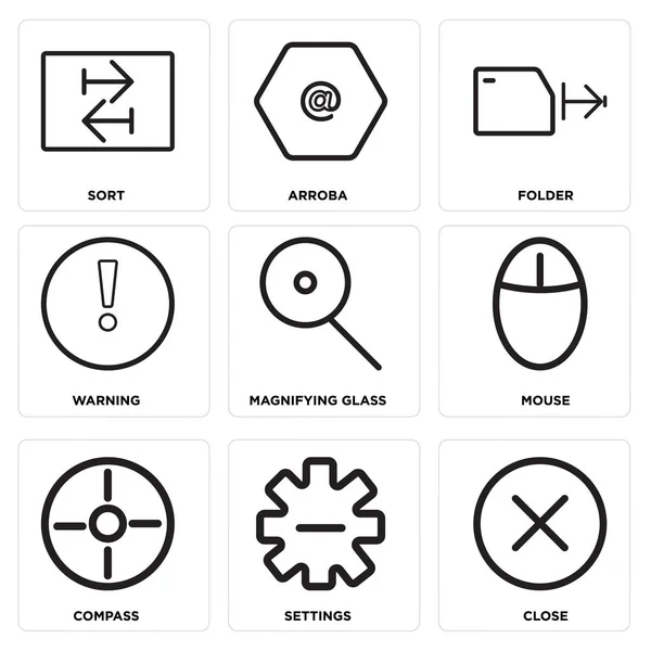 Set van 9 eenvoudige bewerkbare pictogrammen zoals sluiten, instellingen, kompas — Stockvector
