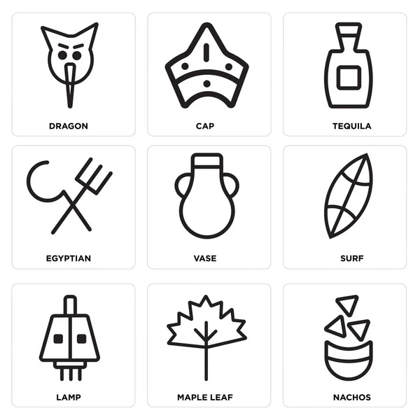 Set mit 9 einfach editierbaren Symbolen wie Nachos, Ahornblatt, Lampe — Stockvektor