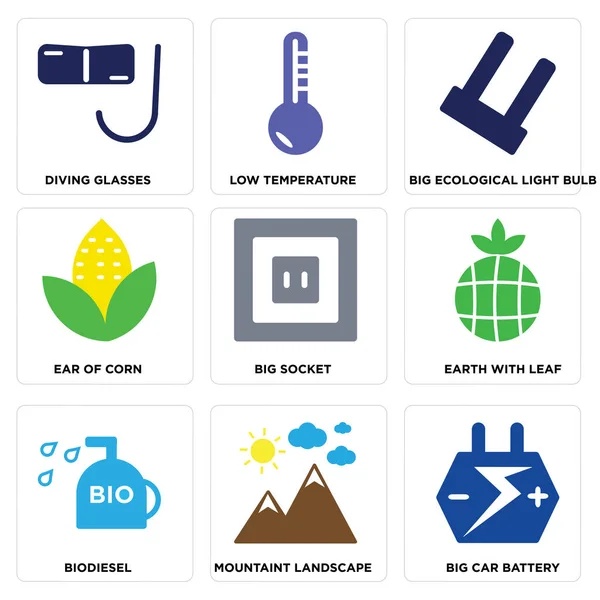 Conjunto de 9 iconos editables simples como la batería del coche grande, paisaje montañoso, biodiésel — Vector de stock
