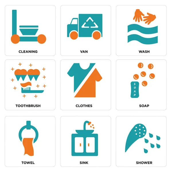 Conjunto de 9 iconos editables simples como ducha, fregadero, toalla — Vector de stock