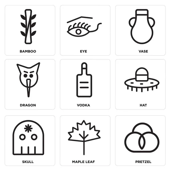 Set mit 9 einfach editierbaren Symbolen wie Brezel, Ahornblatt, Totenkopf — Stockvektor
