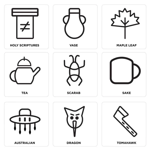 Set von 9 einfach editierbaren Symbolen wie Tomahawk, Drache, Australier — Stockvektor