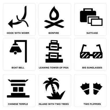 9 set iki palet, iki ağaç, Çin Tapınağı ile bir ada gibi basit düzenlenebilir simgeleri