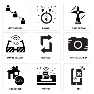 9 set Sim, yazıcı, ev gibi basit düzenlenebilir simgeleri