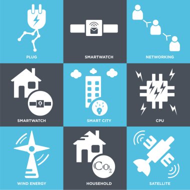 9 set basit düzenlenebilir simgeler gibi uydu, ev, Rüzgar enerjisi