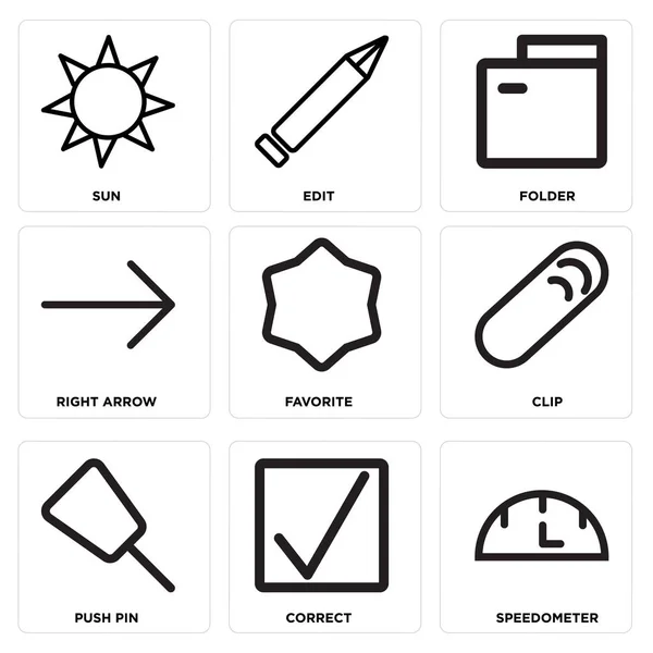 Conjunto de 9 iconos editables simples, tales como velocímetro, Correcto, Push pin — Archivo Imágenes Vectoriales
