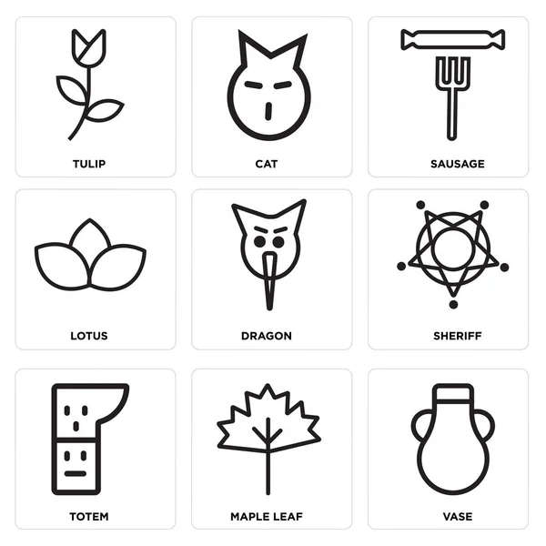 Set von 9 einfach editierbaren Symbolen wie Vase, Ahornblatt, Totem — Stockvektor