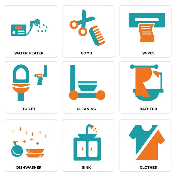 Conjunto de 9 iconos editables simples como ropa, fregadero, lavavajillas — Vector de stock