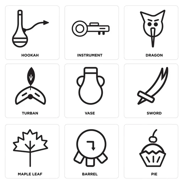 Set von 9 einfach editierbaren Symbolen wie Kuchen, Fass, Ahornblatt — Stockvektor