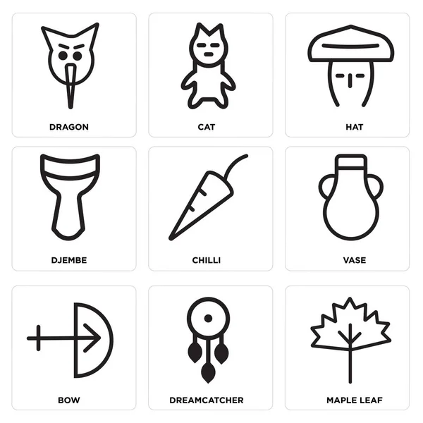 Set mit 9 einfach editierbaren Symbolen wie Ahornblatt, Traumfänger, Bogen — Stockvektor