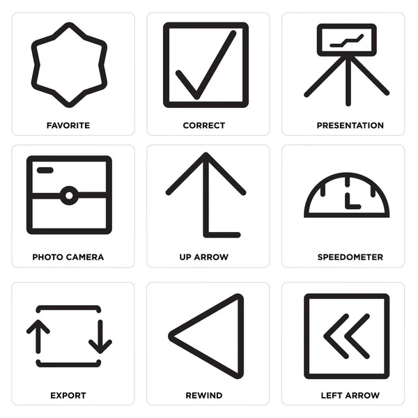Sada 9 jednoduchých upravitelné ikony jako šipka vlevo, Rewind, Export — Stockový vektor