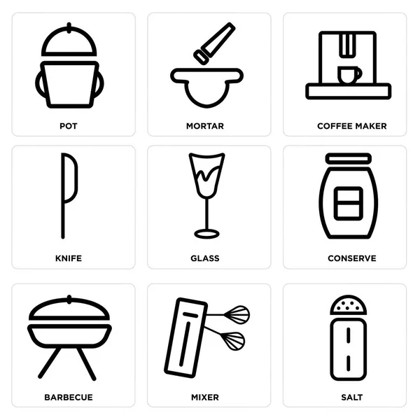 Állítsa be a 9 egyszerű szerkeszthető ikonok, mint a só, Mixer, grill — Stock Vector