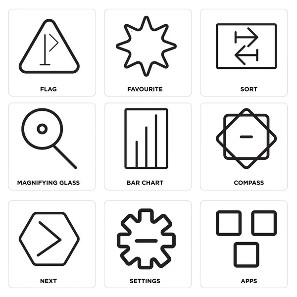 Set van 9 eenvoudige bewerkbare pictogrammen zoals Apps, instellingen, volgende — Stockvector