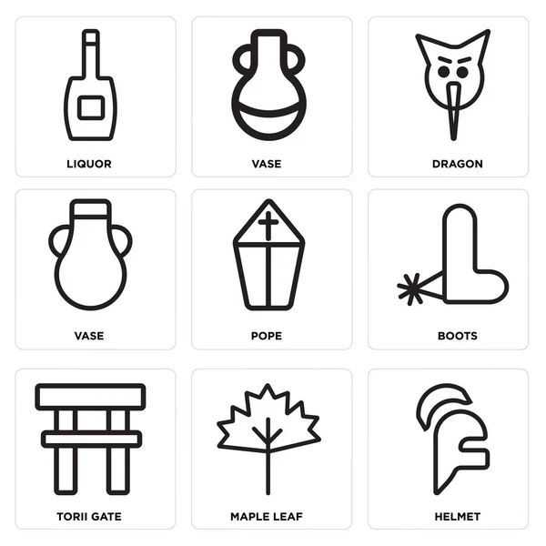 Set von 9 einfachen editierbaren Symbolen wie Helm, Ahornblatt, Torii-Tor — Stockvektor