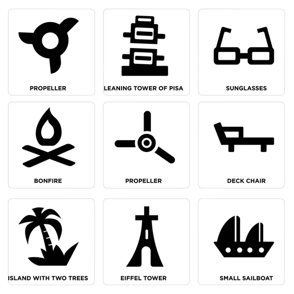 Set von 9 einfach editierbaren Symbolen wie kleines Segelboot, Eiffelturm, Insel mit zwei Bäumen — Stockvektor