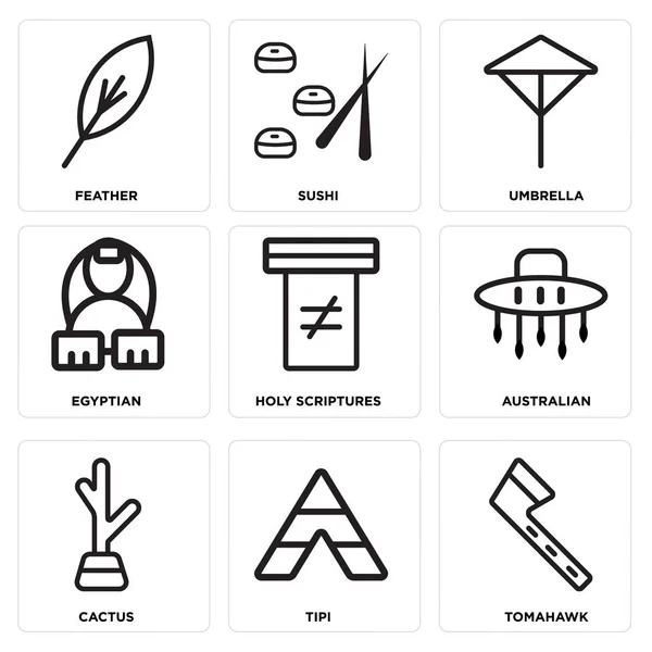 Set mit 9 einfach editierbaren Symbolen wie Tomahawk, Tipi, Kaktus — Stockvektor