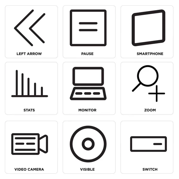 Állítsa be a 9 egyszerű szerkeszthető ikonok, mint például a kapcsoló, a látható, a videó kamera — Stock Vector
