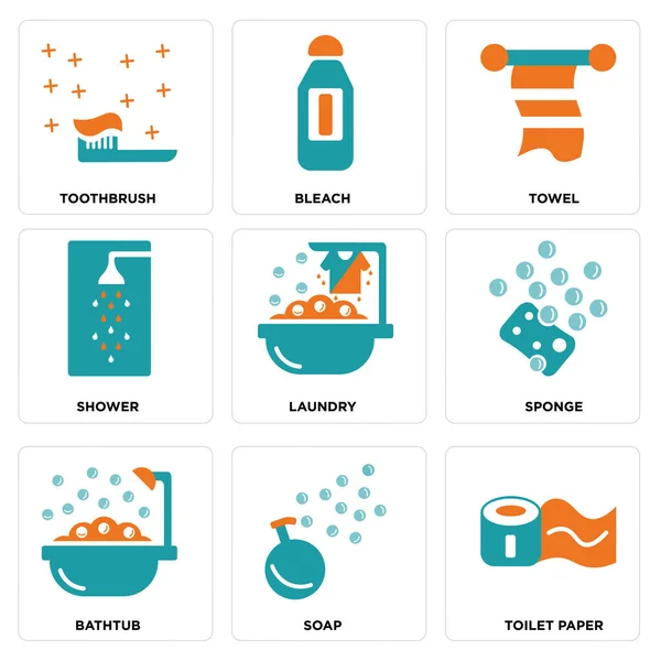 Set de 9 iconos editables simples como papel higiénico, jabón, bañera — Vector de stock