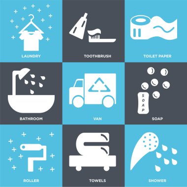 9 set duş, havlu, silindir gibi basit düzenlenebilir simgeleri