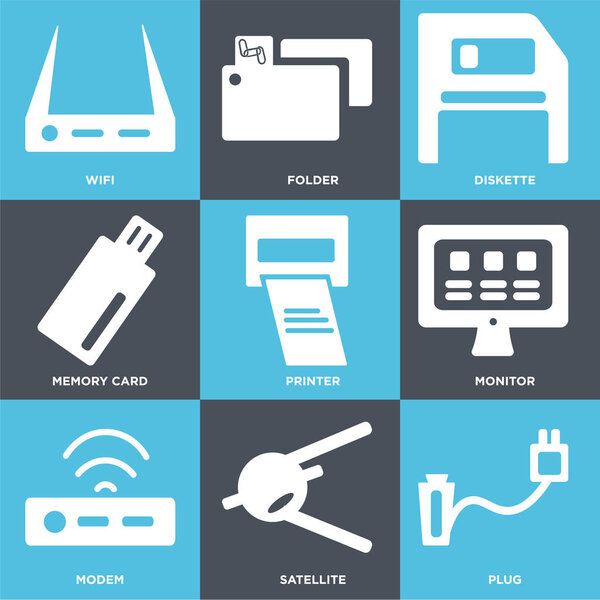 Set Of 9 simple editable icons such as Plug, Satellite, Modem