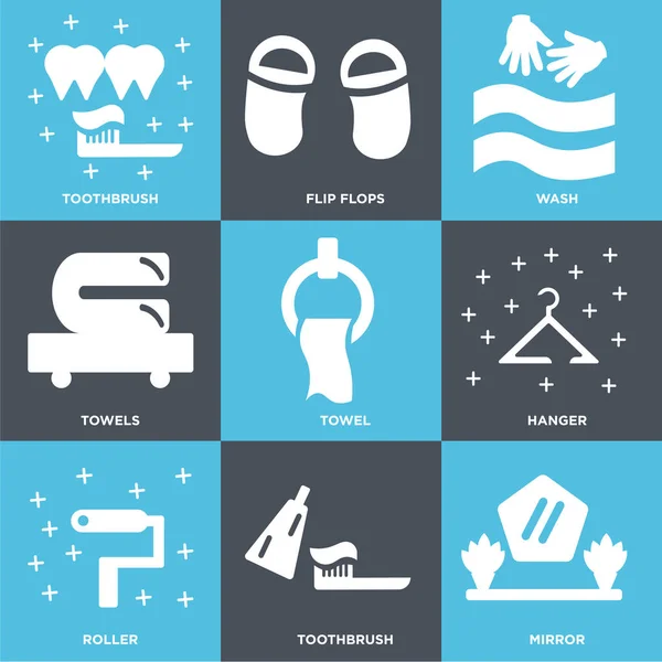 Conjunto de 9 iconos editables simples como Espejo, Cepillo de dientes, Rodillo — Vector de stock