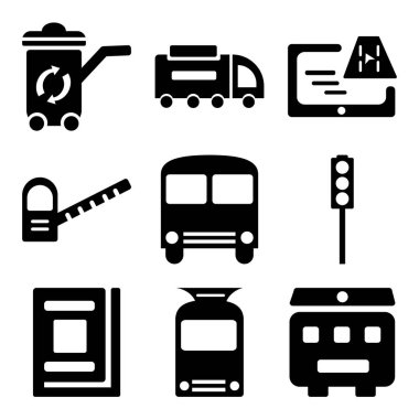 9 set geri dönüşüm kutusu, tramvay, Kütüphane gibi basit düzenlenebilir simgeleri