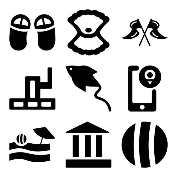 Set van 9 eenvoudige bewerkbare pictogrammen zoals strandbal, Parthenon, uitzicht op het strand — Stockvector