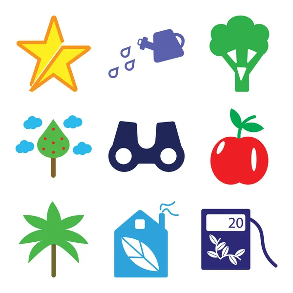 Conjunto de 9 iconos editables simples como combustible ecológico, casa ecológica, dos palmeras — Vector de stock