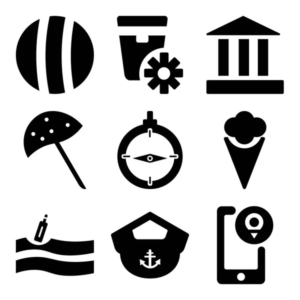 Conjunto de 9 ícones editáveis simples, como Localização, Barco Capitão Chapéu, Mensagem em uma garrafa na água — Vetor de Stock