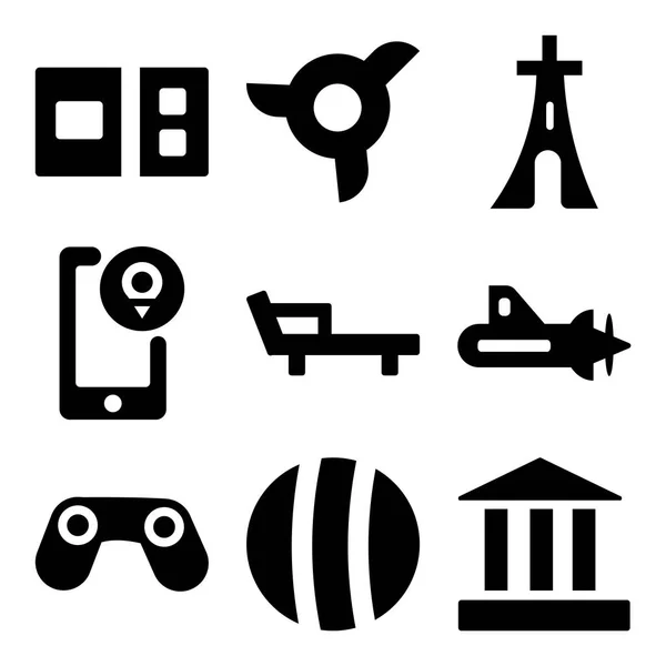 Set van 9 eenvoudige bewerkbare pictogrammen zoals het Parthenon, strandbal, grote Binocoulars — Stockvector