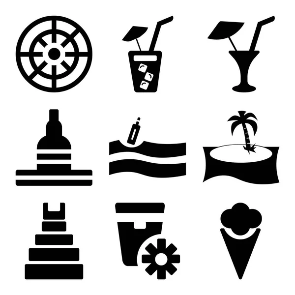 Conjunto de 9 ícones editáveis simples, como dois sorvetes, pomada de sol, Teotihuacan — Vetor de Stock