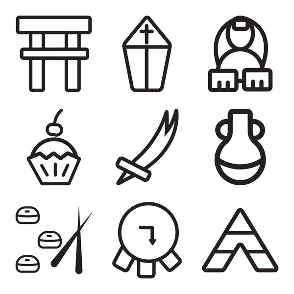 Set mit 9 einfach editierbaren Symbolen wie Tipi, Barrel, Sushi — Stockvektor