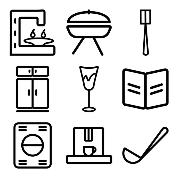 Set van 9 eenvoudige bewerkbare pictogrammen zoals pollepel, koffie-/ theevoorzieningen, wasmachine — Stockvector