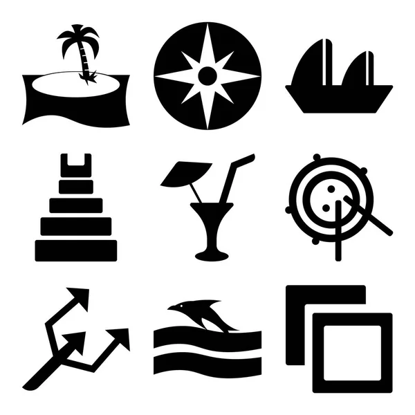 Conjunto de 9 ícones editáveis simples, como polaróides, pôr do sol e golfinho, pequeno tridente — Vetor de Stock