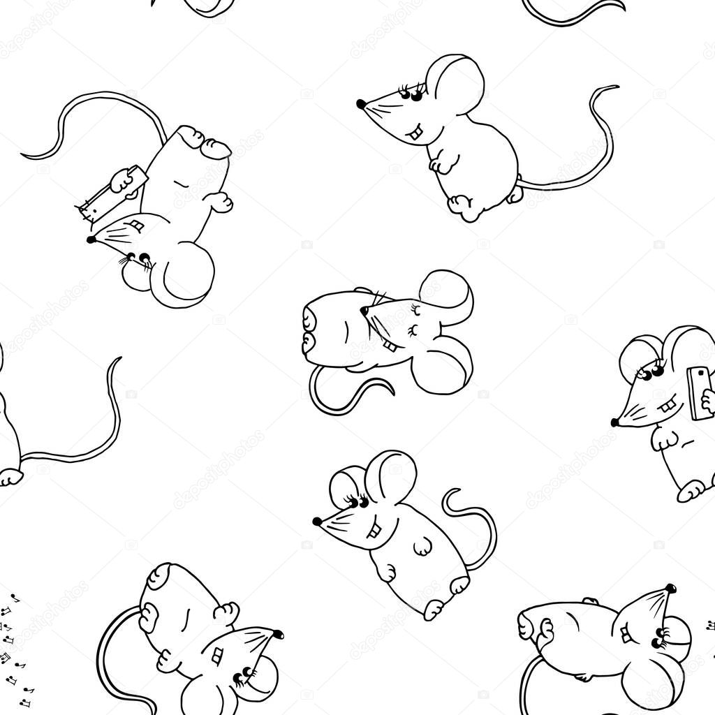 Seamless pattern of cute funny mice on a white background.