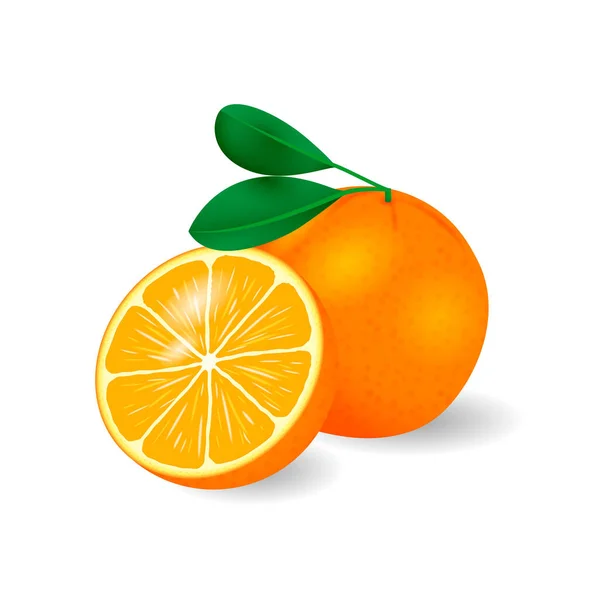 Naranja brillante maduro con una hoja verde y una rebanada jugosa . — Vector de stock