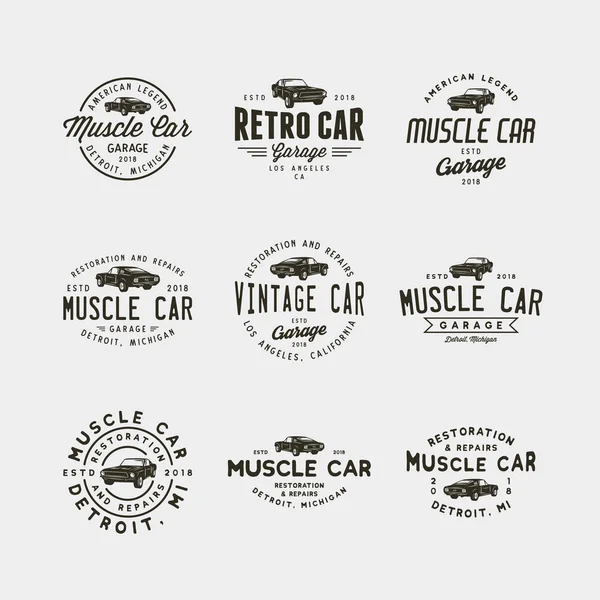 Uppsättning av vintage muskel bil garage logotyper. vektorillustration — Stock vektor