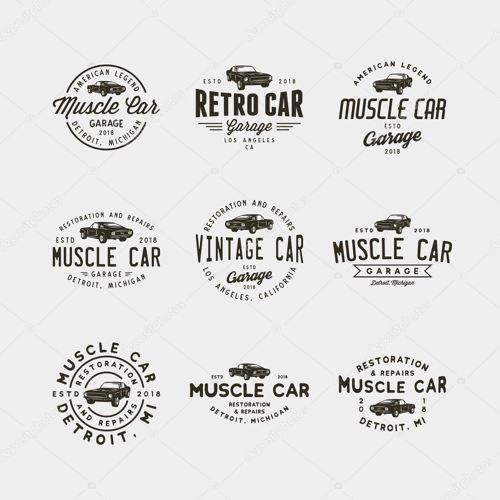 Set of vintage muscle car garage logos. retro vehicle emblems, badges, design elements, logotype templates. vector illustration