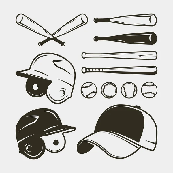 Conjunto de equipo y equipo de béisbol. bate, casco, gorra, pelotas. ilustración vectorial — Vector de stock