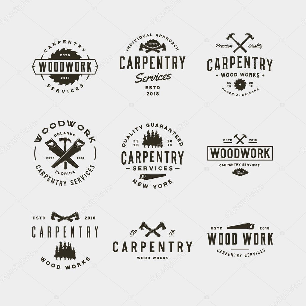 Set of vintage carpentry logos. retro styled wood works emblems, badges, design elements, logotype templates. vector illustration