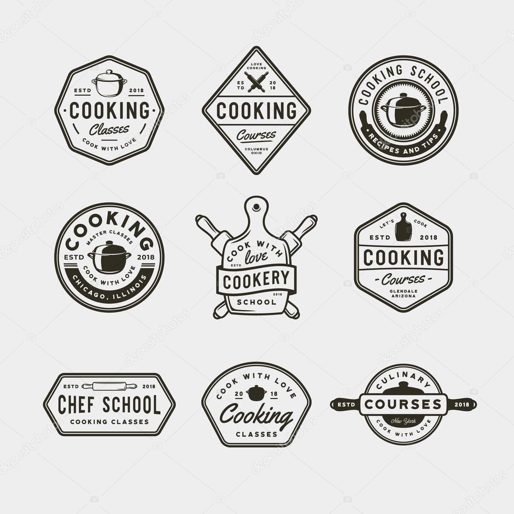 Set of vintage cooking classes logos. retro styled culinary school emblems, badges, design elements, logotype templates. vector illustration
