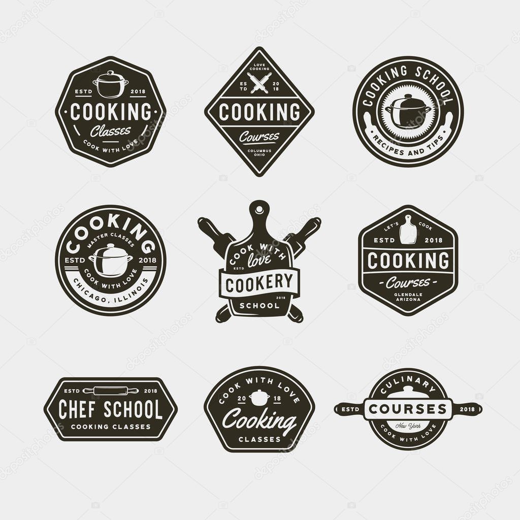 Set of vintage cooking classes logos. retro styled culinary school emblems, badges, design elements, logotype templates. vector illustration