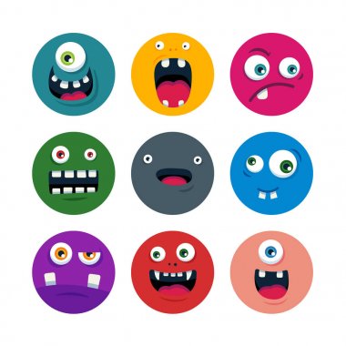 karikatür sevimli canavar yüzler kümesi. düz vektör çizim