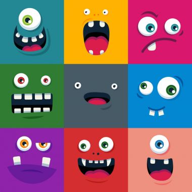 karikatür sevimli canavar yüzler kümesi. düz vektör çizim