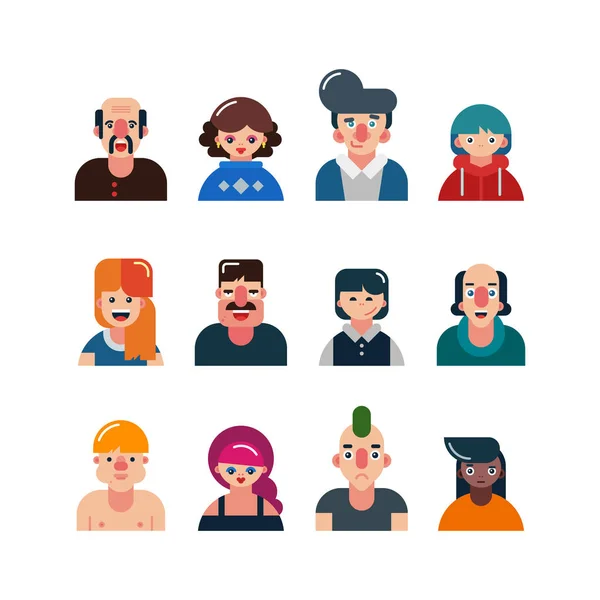 Conjunto de personas avatares planos. rostros masculinos y femeninos. personajes divertidos de hombres y mujeres. ilustración vectorial — Vector de stock