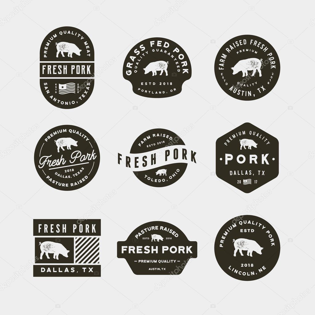 Set of premium fresh pork labels. retro styled meat shop emblems, badges, design elements, logotype templates. vector illustration