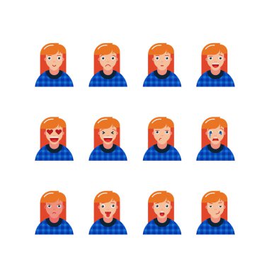 Genç hippi kız yüz ifadeleri kümesi. vektör çizim