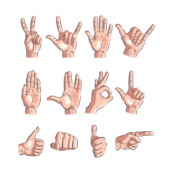 Sada rukou ukazující různé gesta. vektorové ilustrace — Stockový vektor