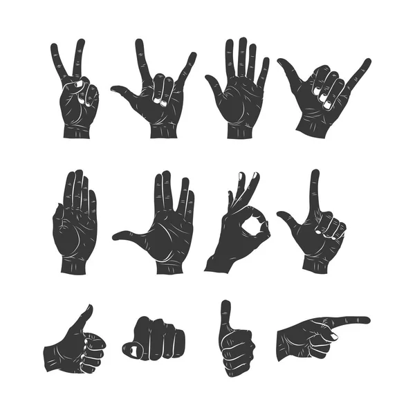 Állítsa be a kéz a mutatja a különböző gesztusokat. vektoros illusztráció — Stock Vector