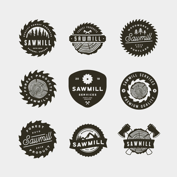 set of sawmill logos. retro styled woodwork emblems. vector illustration